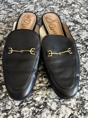 Sam Edelman Black Leather Backless Loafers with Gold Horsebit